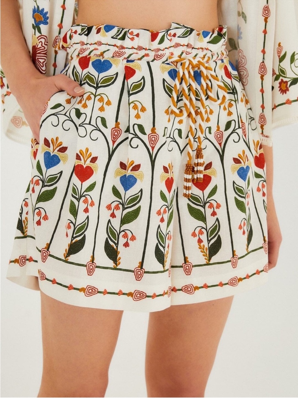 Farm Rio Stitched Garden Off-White Linen Blend shorts XS Extra Small NWT